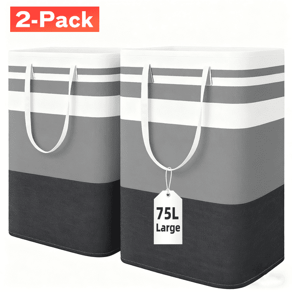 PKALQ 2 Pack Laundry Baskets, Collapsible Clothes Hamper, Freestanding Waterproof Dirty Clothes Hamper with Easy Carry Handles in Laundry Room, College Dorm, Bathroom, Bedroom 75L Gray