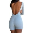 thumbnail image 2 of hirigin Women Fashion Wild Playsuits Solid Color Knitted Ribbed Square Neck Long Sleeve Backless Short Jumpsuits One-Piece Clothes, 2 of 5