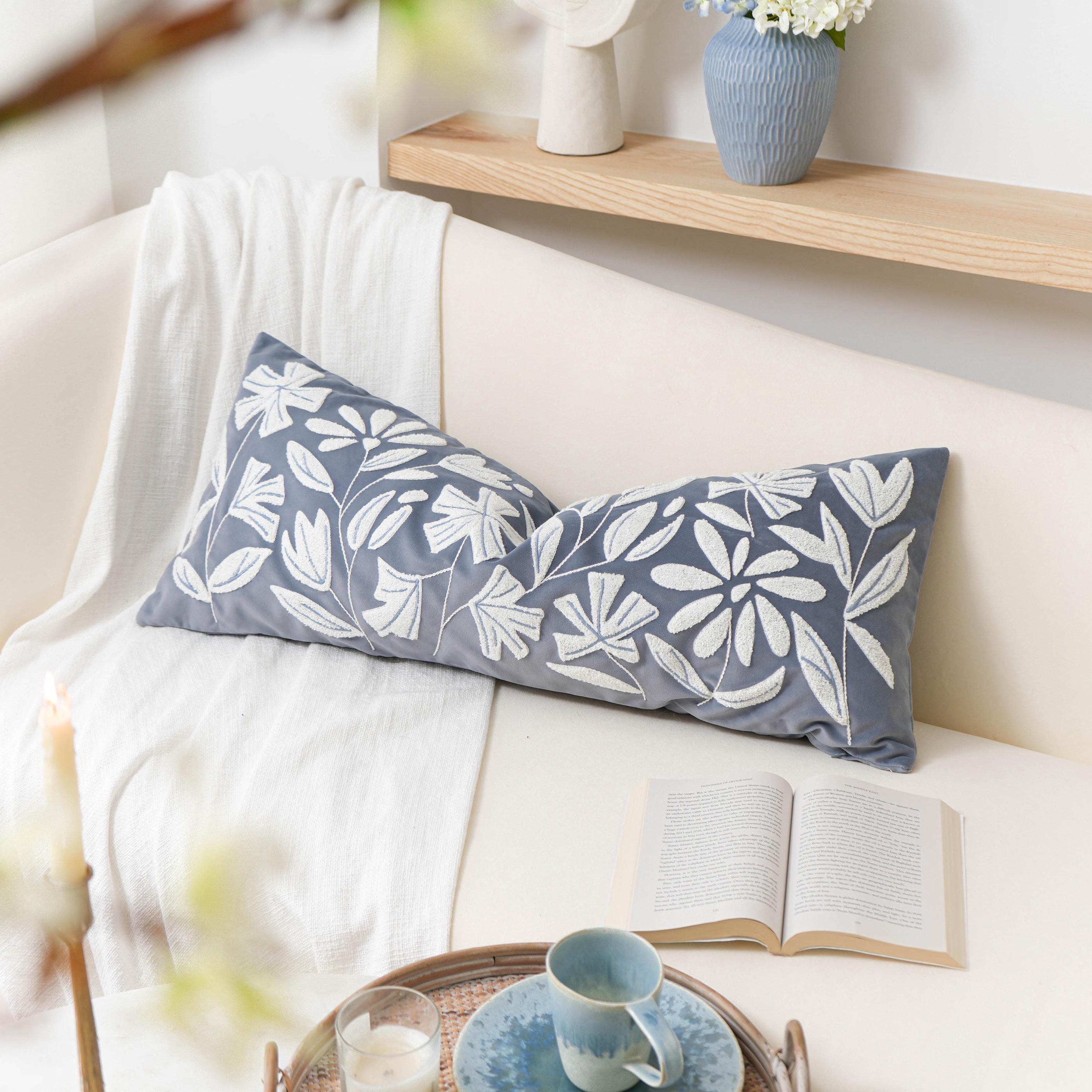 BlissBlush Blue Velvet Decorative Lumbar Pillow Cover 14x36, Soft Long Body Pillow for Bed, Accent Lumbar Throw Pillow for Bedroom, Modern Farmhouse Textured Pillowcase