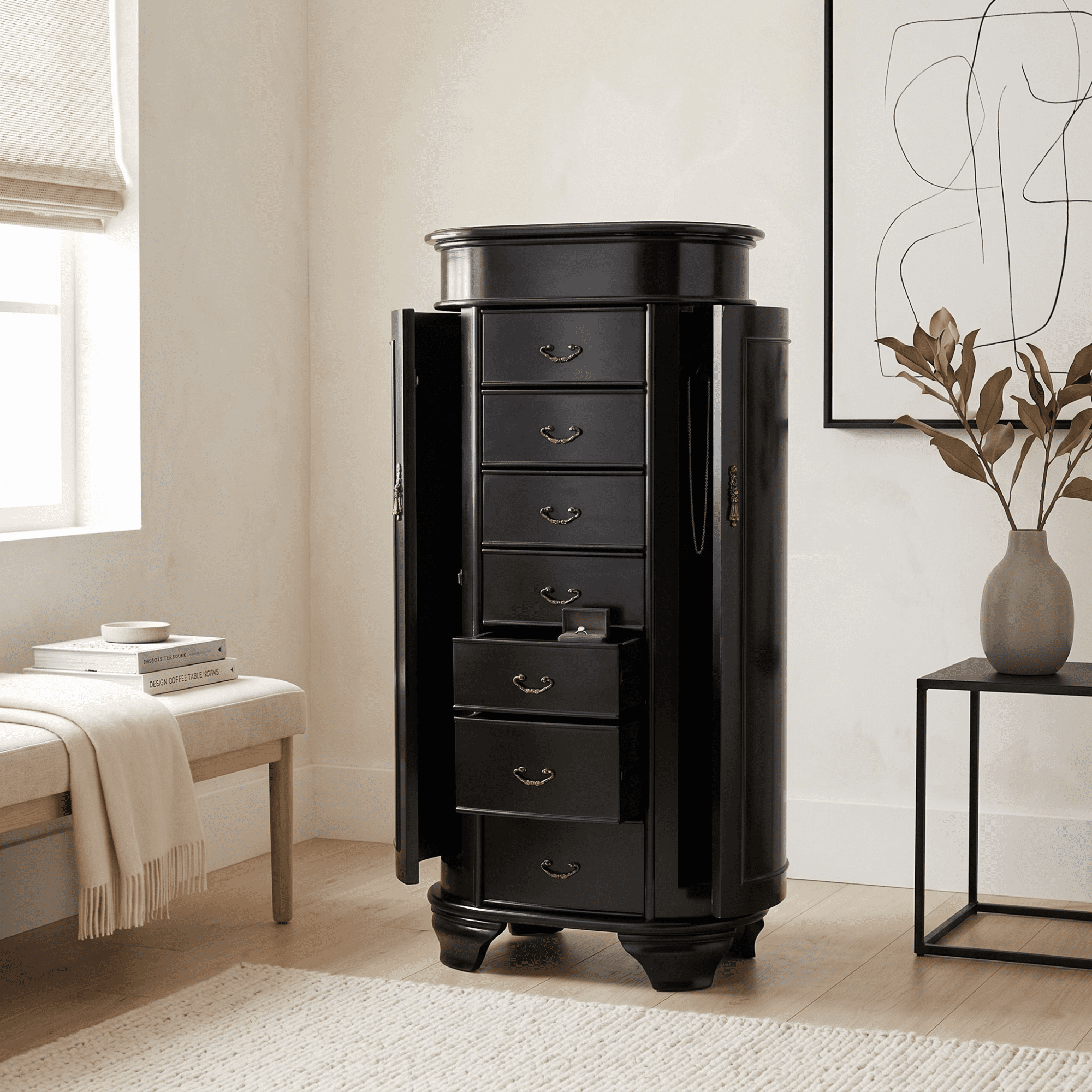Hives and Honey Daley Oval Free Standing Wood Jewelry Armoire, Black