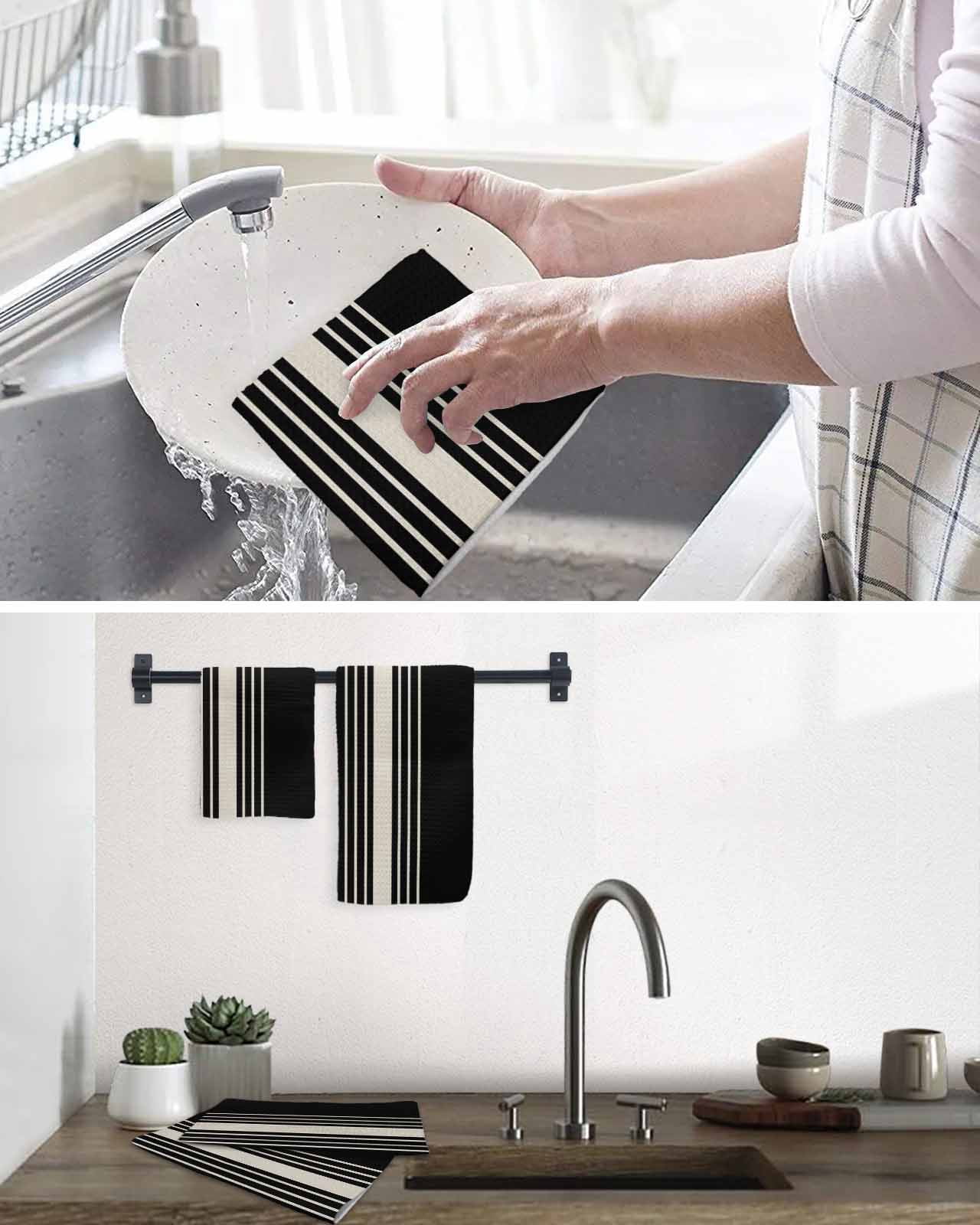 Black Beige Striped Kitchen Dish Towels for Drying Dishes Set of 4, Modern Farmhouse Retro Lines Waffle Weave Microfiber Hand Tea Bathroom Towels Quick Dry & Absorbent Towel 12x12