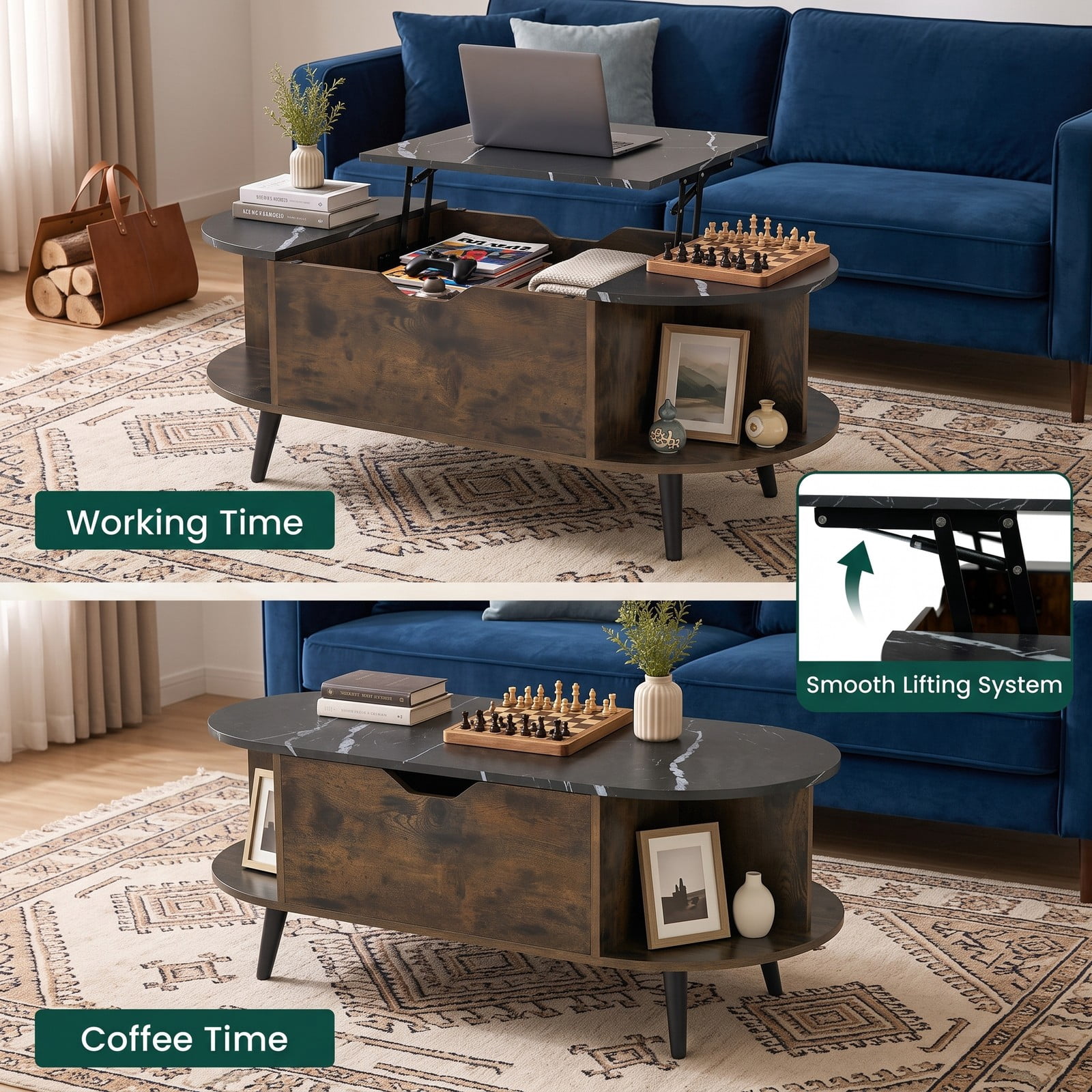 Furnibear Faux Marble Lift Top Coffee Table with Hidden Compartment and Side Shelves, 2-in-1 Rectangle Center Table for Living Room, Engineered Wood & Metal, Black