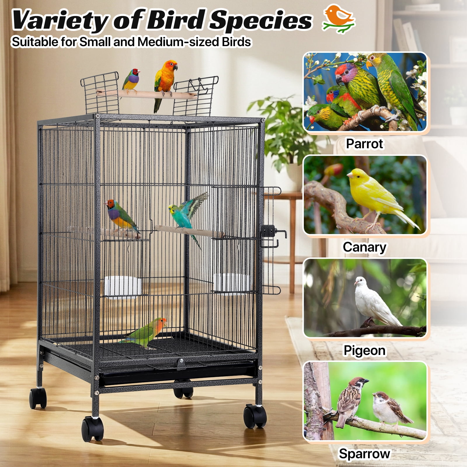 NiamVelo Bird Cage 35 Inch Wrought Iron Flight Birdcages for Cockatiels Parakeets Pigeons Parrot Lovebird with Rolling Stand Bird Playground, Black