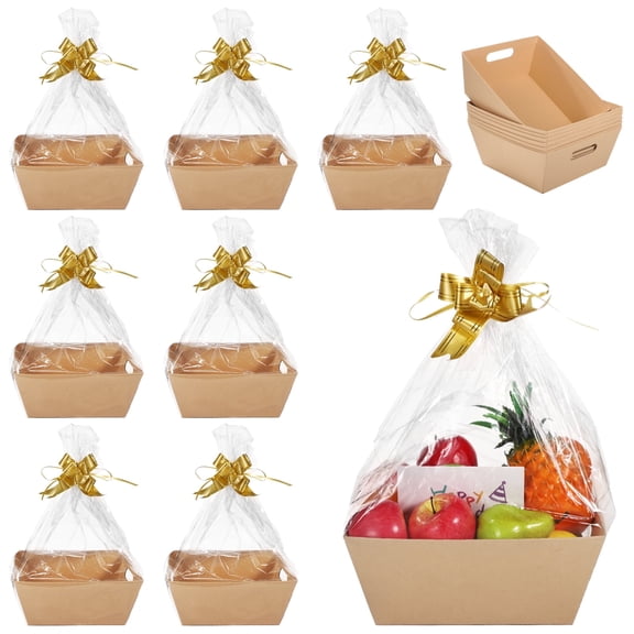 8 PCS Empty Present Baskets with Bags and Bows, 10 x 12 x 4.5 in Kraft Paper Boxes for Present Wrapping, Wine Packaging, Party Favors, Christmas, Birthday, Wedding, Market Display