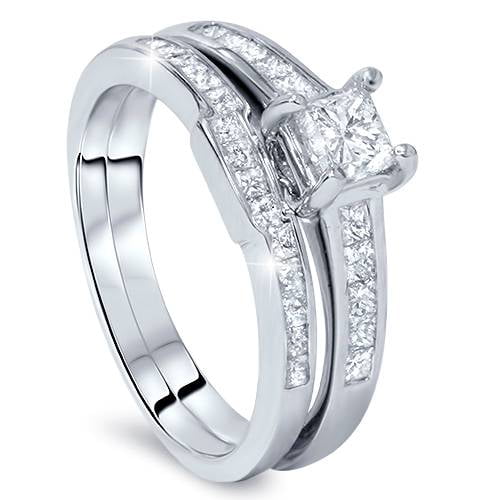 Pompeii Princess Cut Diamond Engagement Ring Wedding Ring Set 1ct 14K White Gold