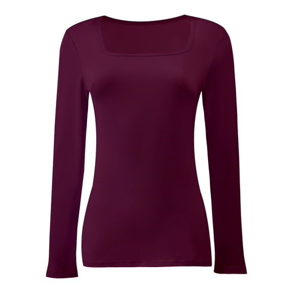 Womens Long Sleeve Square Neck Shirts Basic Slim Fit Tee Tops