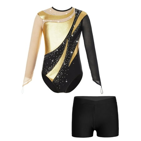 Sholeno Kids Girls Sparkly Rhinestones Mesh Long Sleeve Gymnastics Ballet Dance Leotard Bodysuit with Gold&Black 10
