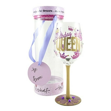 Top Shelf Birthday Queen?? Decorative Wine Glass ; Funny Gifts for Women ; Hand Painted Purple and Gold Design ; Unique Red o