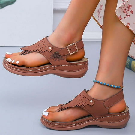 

LWVITH Women s Orthopedic Sandals Clearance Ladies Comfy Flip Flops Post Thong Slippers Summer Flat Tassels Back Buckle Roman Sliders（Brown， 9）