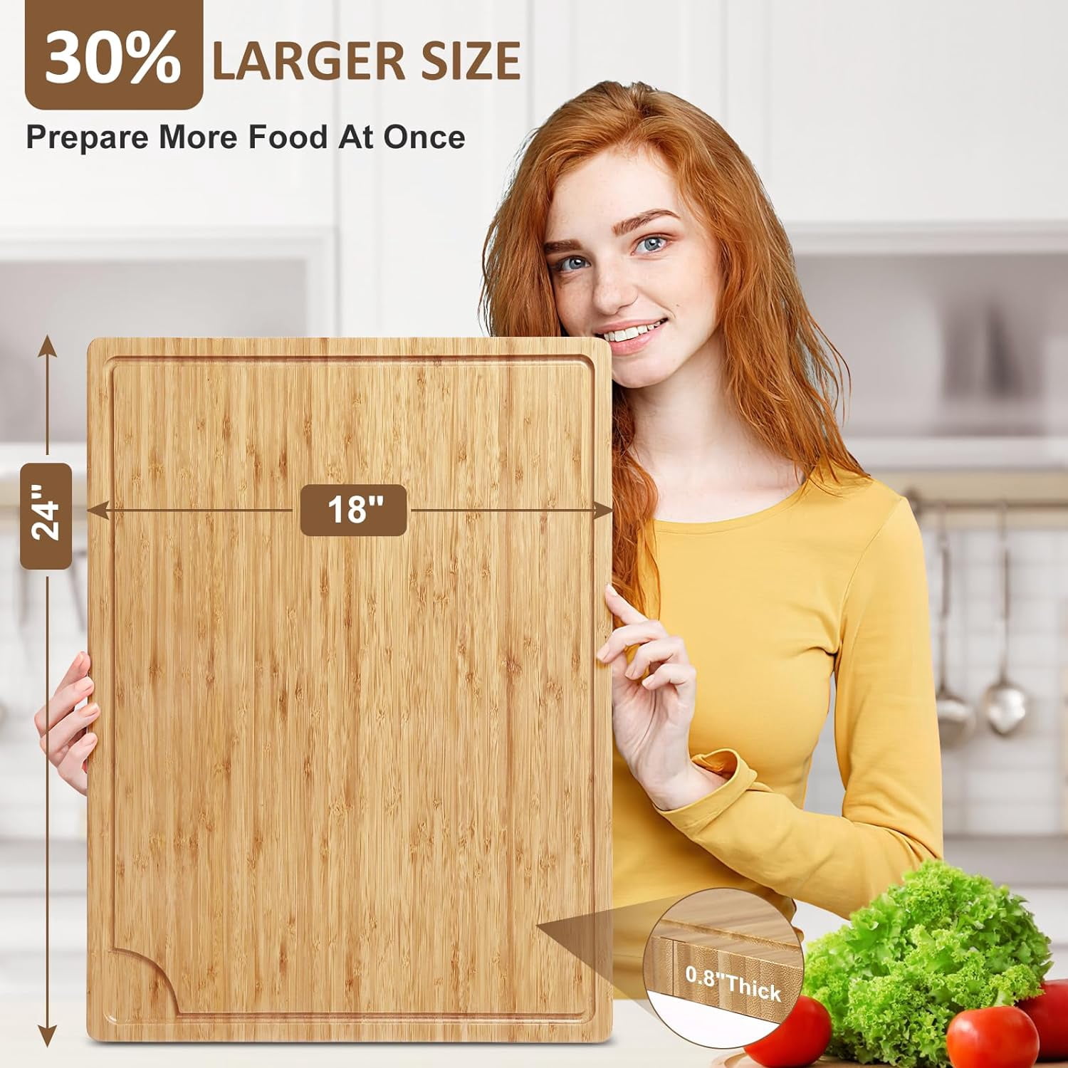 Bamboo Cutting Board for Kitchen, Wooden Butcher Block with Juice Groove & Handle, Wood Gas Stove Top Cover, Bamboo Chopping Board