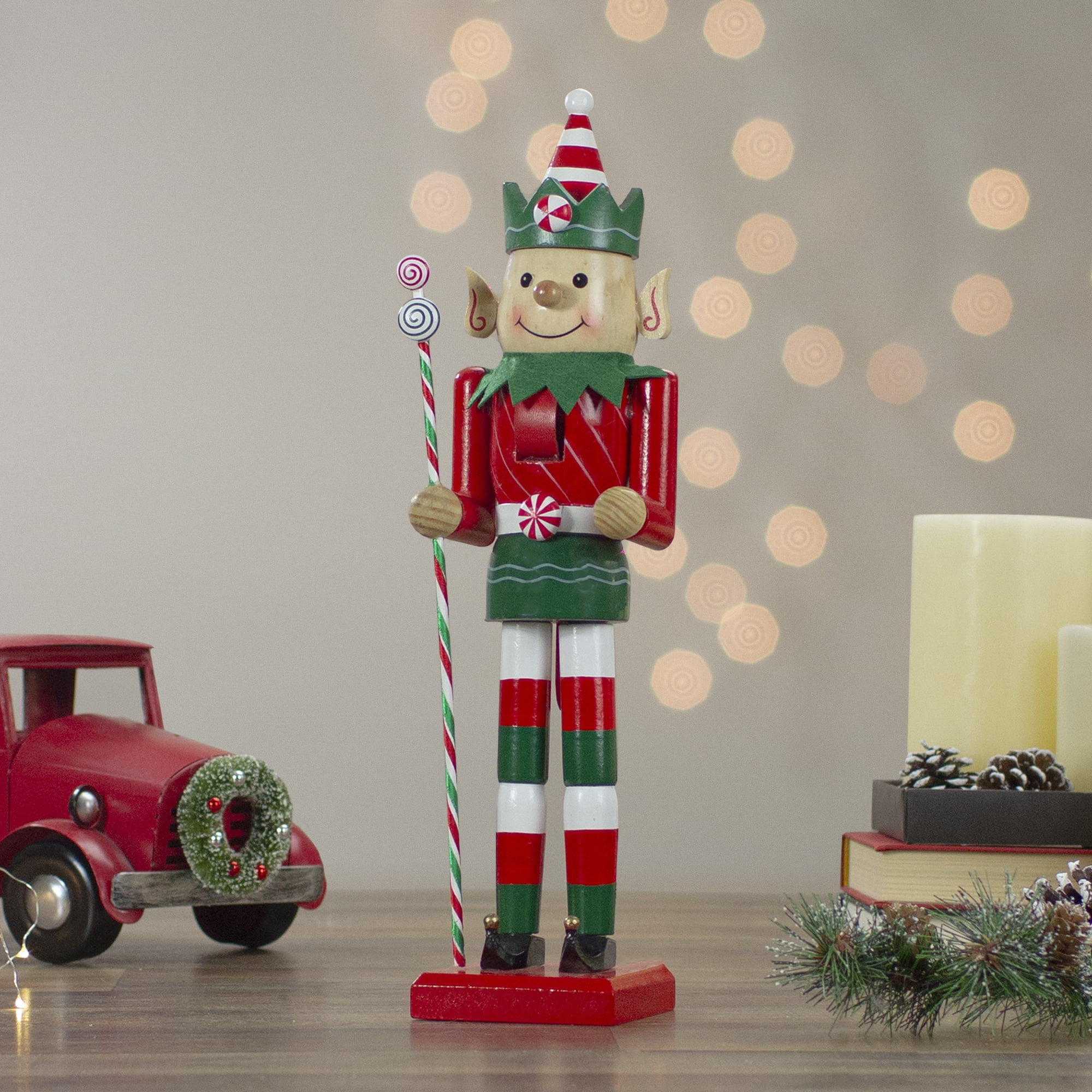 15" Peppermint Twist Red White and Green Wooden Christmas Elf Nutcracker