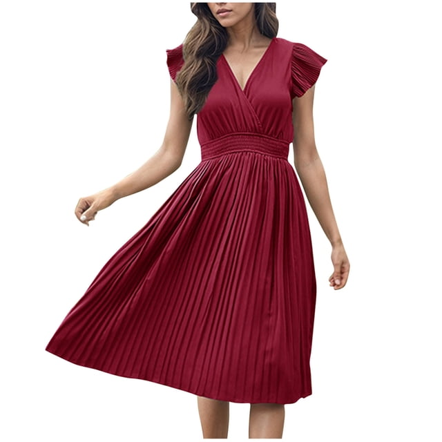 Besolor Robes d'Été pour Femmes Col en V Manches à Volants Taille Haute Plissée Décontractée Fluide Été Plage Vacances Robe Midi