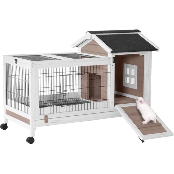 Aivituvin Rabbit Hutch Indoor Bunny Cage Outdoor Bunny House with Wire Floor Leakproof Plastic Tray, Brown