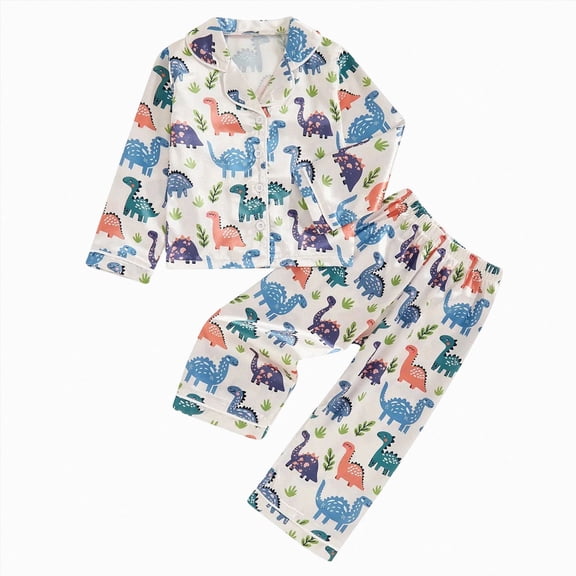 Boys 2‑Piece Collared Button‑Up Pajama Set with Cartoon Print,Soft Fabric Sleepwear for Boys 18-24 Months