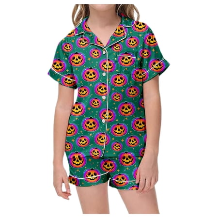 Kids Halloween Pajamas Size 4-5 Years Childrens Halloween Sleepwear Short Sleeve Top and Shorts Comfort Boys Pjs Green