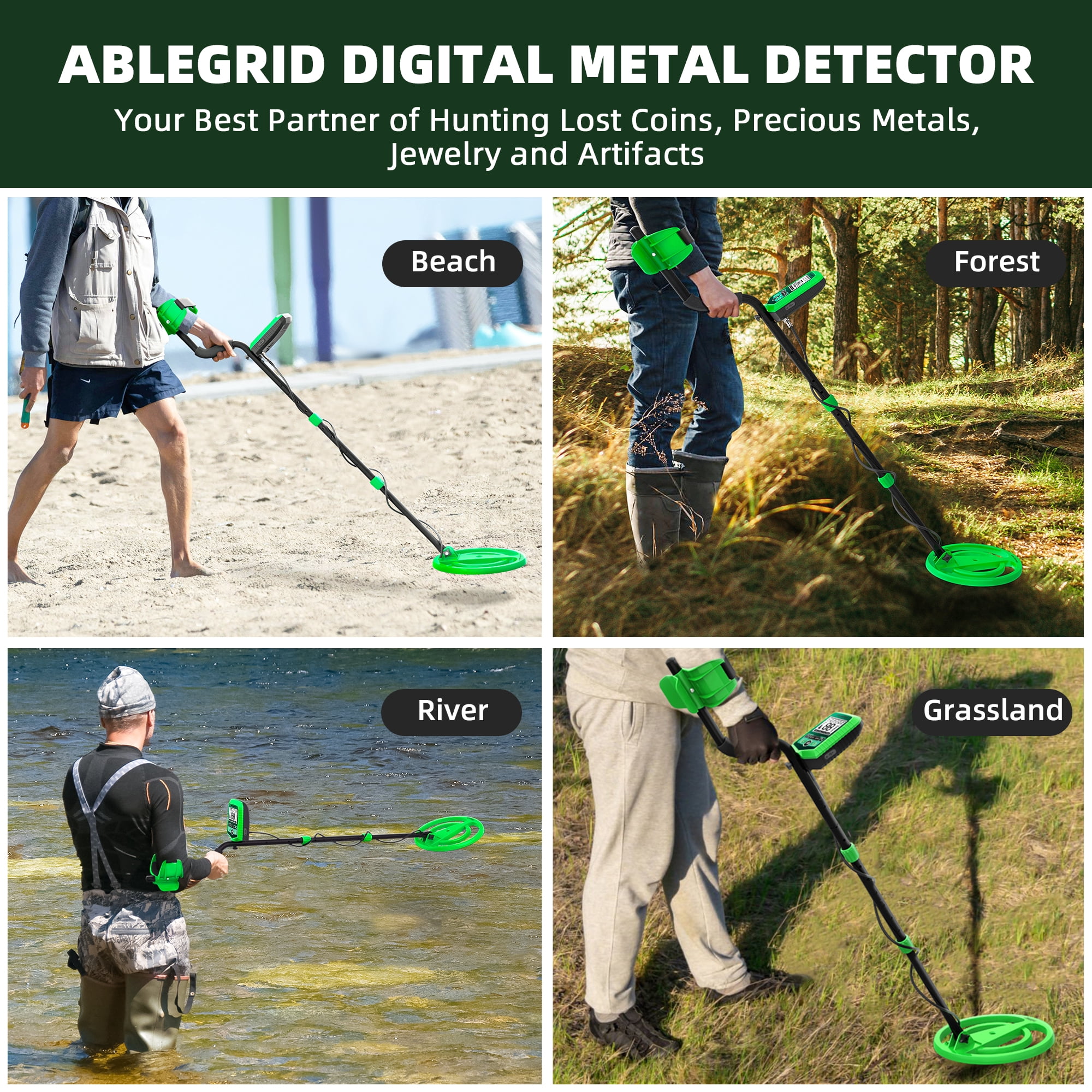 ABLEGRID Metal Detector for Adults and Kids Rechargeable, Professional Gold and Silver Detector with LCD Display, High Accuracy Waterproof Pinpoint 5 Modes, Advanced DSP Chip 10" Coil, GC1030