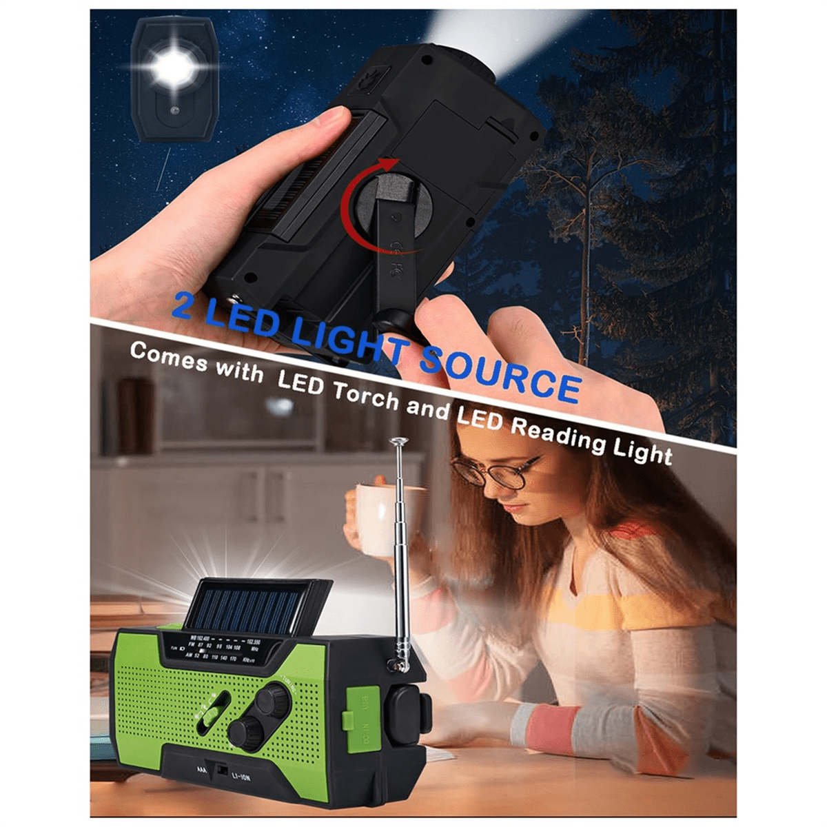 Emergency Weather Radio Hand Crank Portable Solar Charging with AM/FM/ LED Flashlight SOS Alert 2000mah