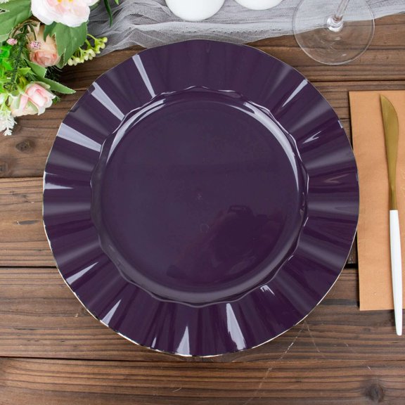 Efavormart 10 Pack | Purple 11" Round Plastic Dinner Plates, Disposable Tableware with Gold Wavy Rim for Wedding, Outdoor Receptions, Banquets, Holiday Dining