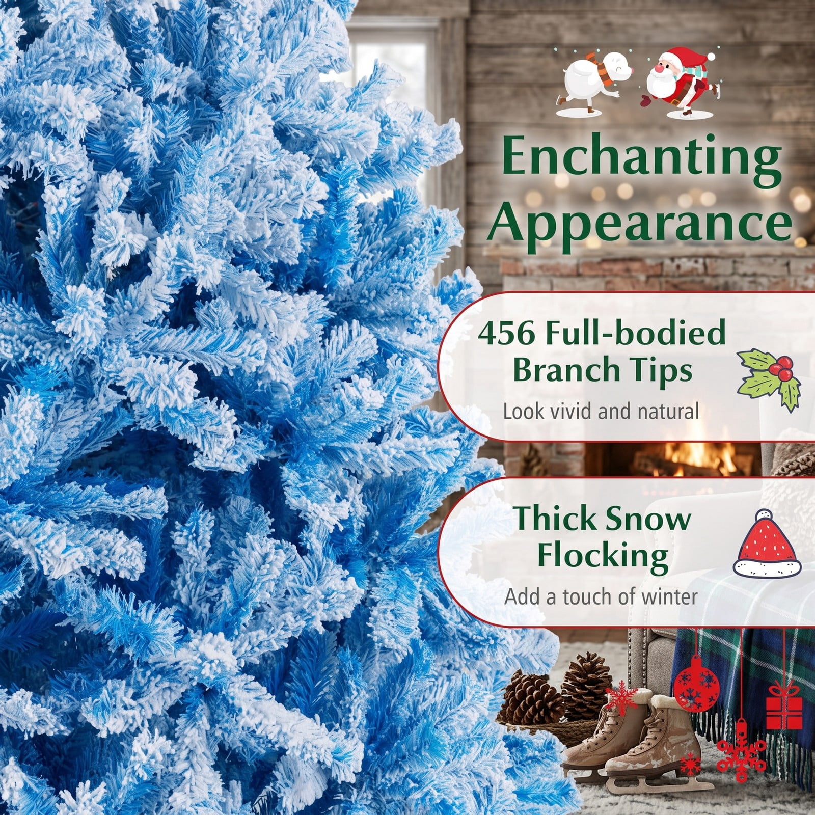 RUIE 5FT Artificial Christmas Tree, 456 Branch Tips Snow-Flocked Gradient Pine Xmas Tree with Folding Metal Stand for Home Office Holiday Decor, White & Blue