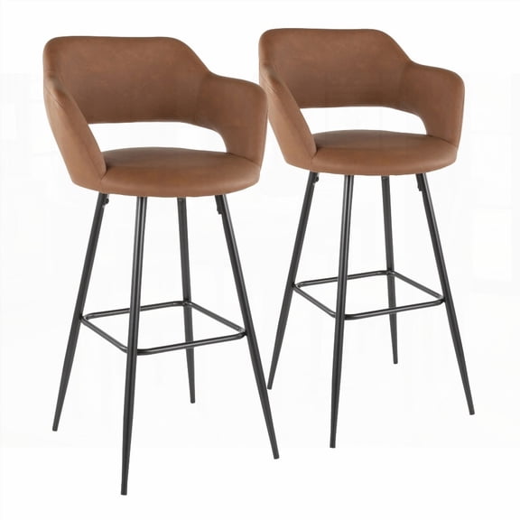 Modern Black Metal & Brown Faux Leather Barstools - Set of 2