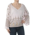 thumbnail image 3 of FREE PEOPLE Womens Purple Printed Bell Sleeve V Neck Tunic Top S, 3 of 4
