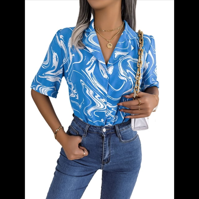 Camisa Informal de Corta Holgada con Cuello de Traje en Contraste para Mujer Azul XL
