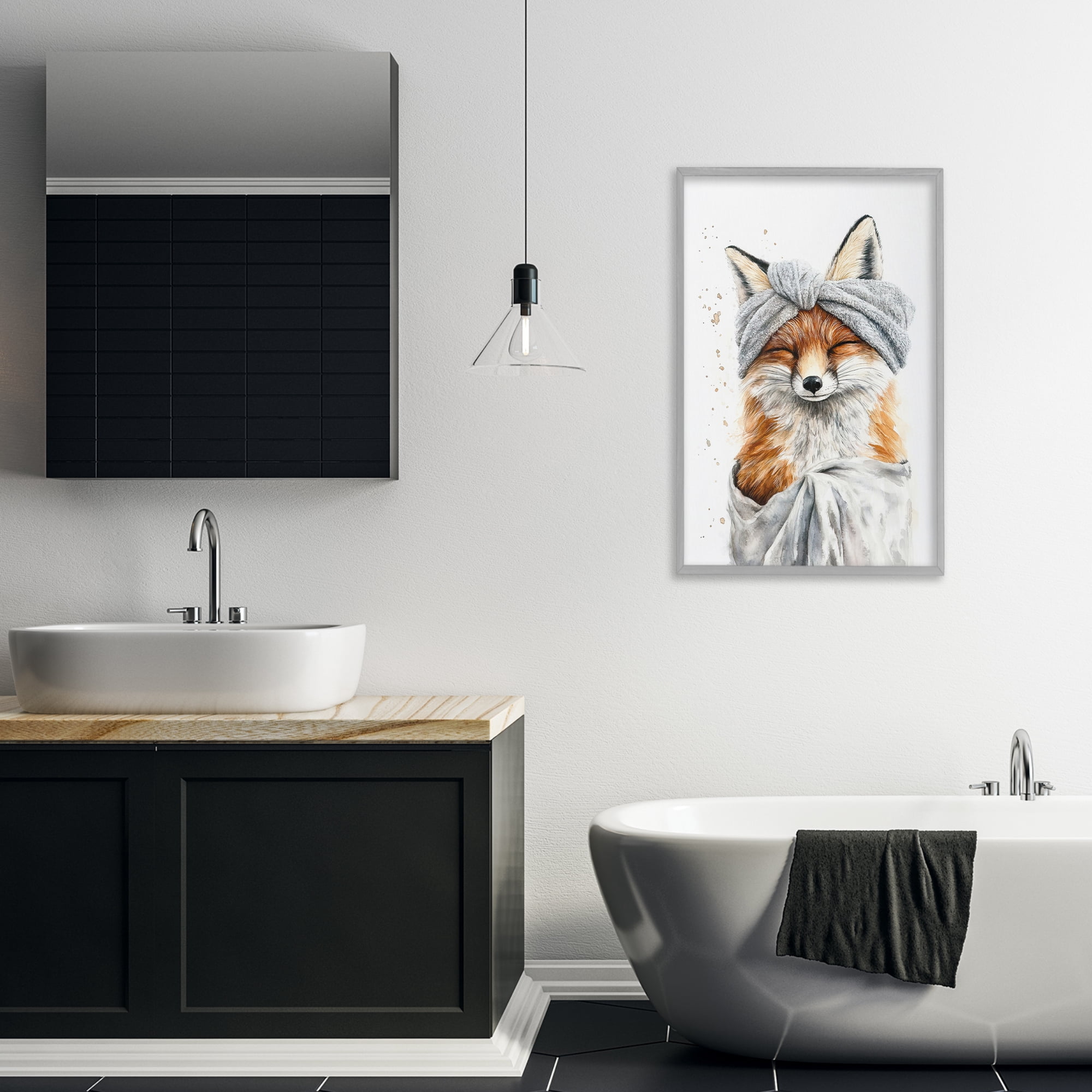 Stupell Industries Bathroom Fox Wrapped in Towel Gray Framed Giclee Art, design by Tina LeCour