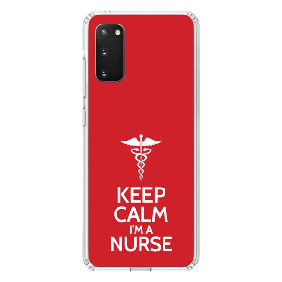 DistinctInk Clear Shockproof Hybrid Case for Galaxy S20 / S20 5G (6.2" Screen) - TPU Bumper, Acrylic Back, Tempered Glass Screen Protector - Red White "Keep Calm I'm a Nurse" - Support for Nurses