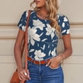 thumbnail image 6 of KLL Women 's Crew Neck Bodysuit Jumpsuits Lilies Flowers Print Short onesies Stretch T Shirts, 6 of 7