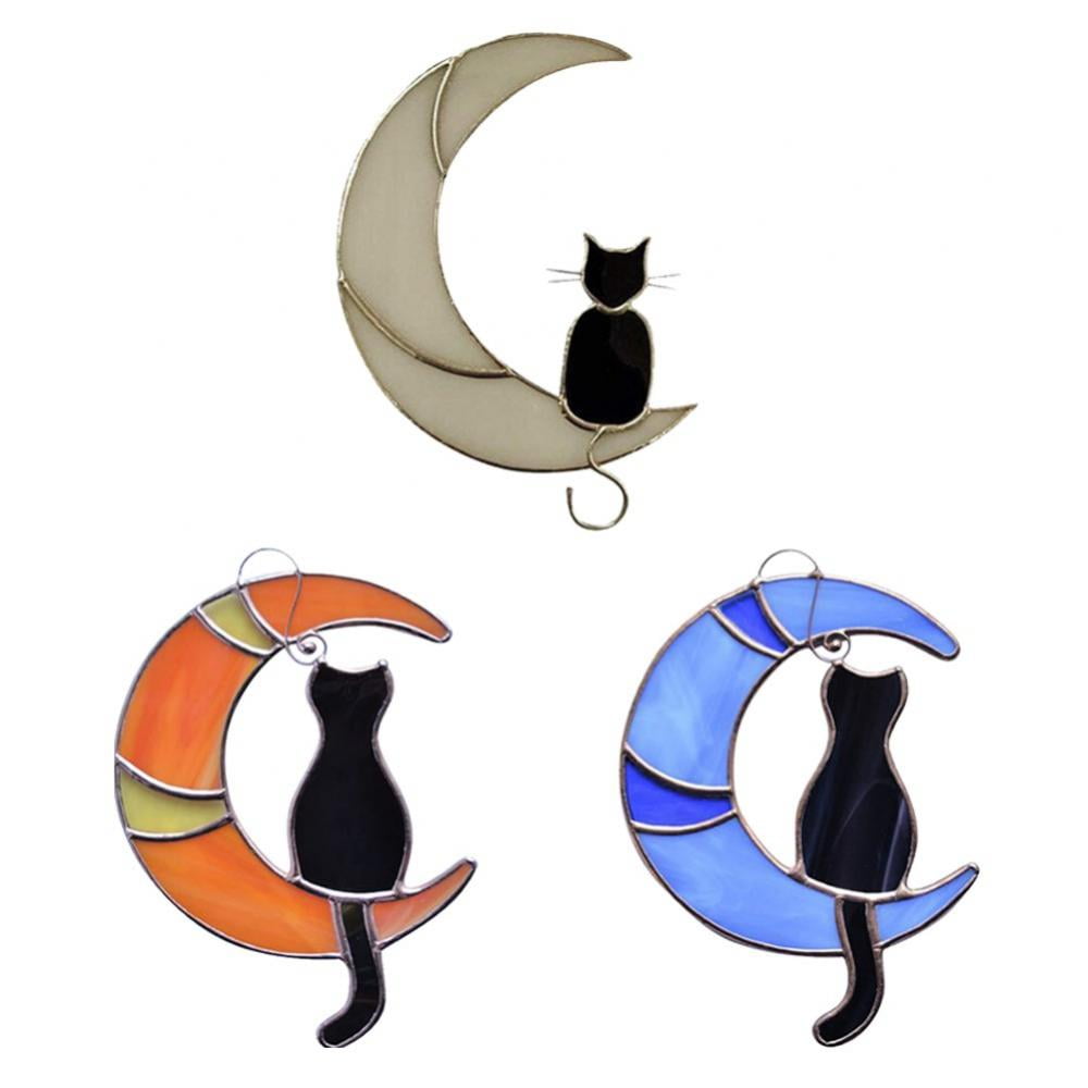 Stained Glass Cat On The Moon Window Hanging Suncatcher Cat Lover Gift