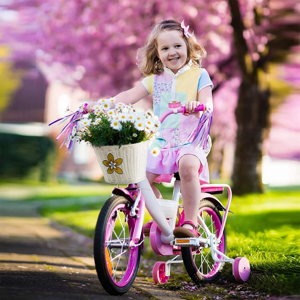 Kid's Bicycle Basket Streamers Set, Front Handlebar Kid's Bicycle Basket, Daisy Bike Bell, 2 Bike Streamer, 30 Kids Cartoon Sticker, Bike Decoration for Toddler Children Kids Girl