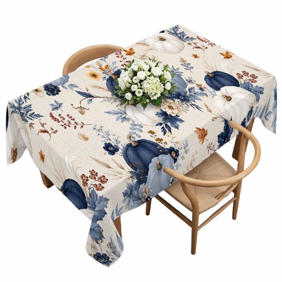 Waterproof Tablecloth Fall Thanksgiving Blue Pumpkin Rectangle Table Cloth 60x120in,Wipeable Washable Table Cover Farm Maple Leaves Burlap Tablecloths for Dining Tables Kitchen Picnic Outdoor Party