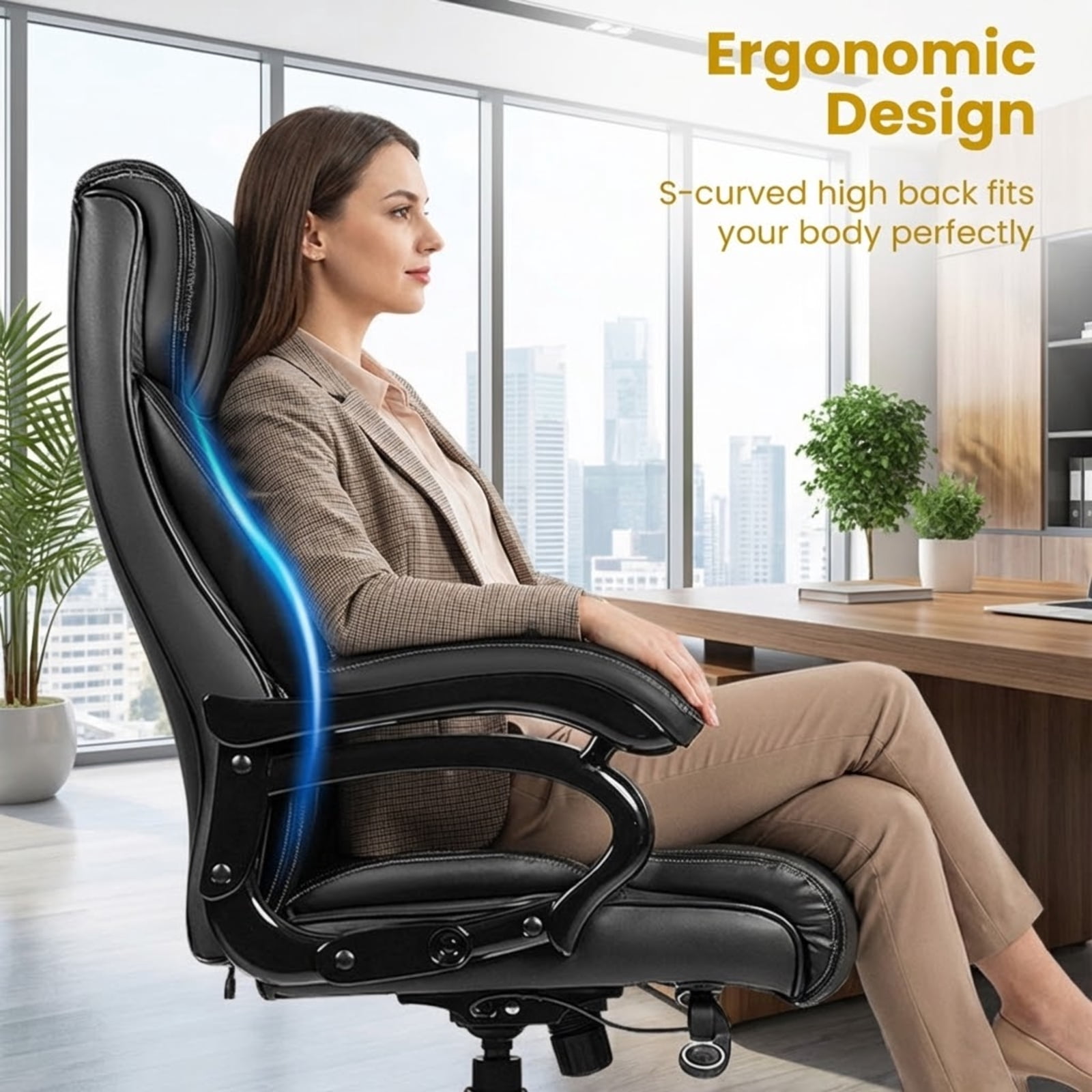 Furnibear Massage Office Chair High Back Big and Tall Executive Chair with Heat Lumbar Support Padded Armrests Ergonomic Computer Desk Chair, Black