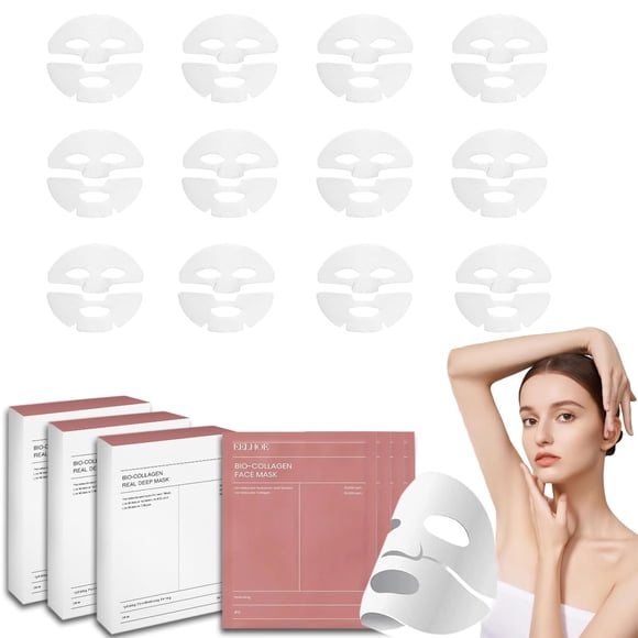 UEBSDVA 12 Piezas Collagen Real deep Mask, Mascarilla de Biocolageno, Mascarillas de Colageno, Reduce los Poros, Mejora la Elasticidad, Las Arrugas y Hidratación profunda