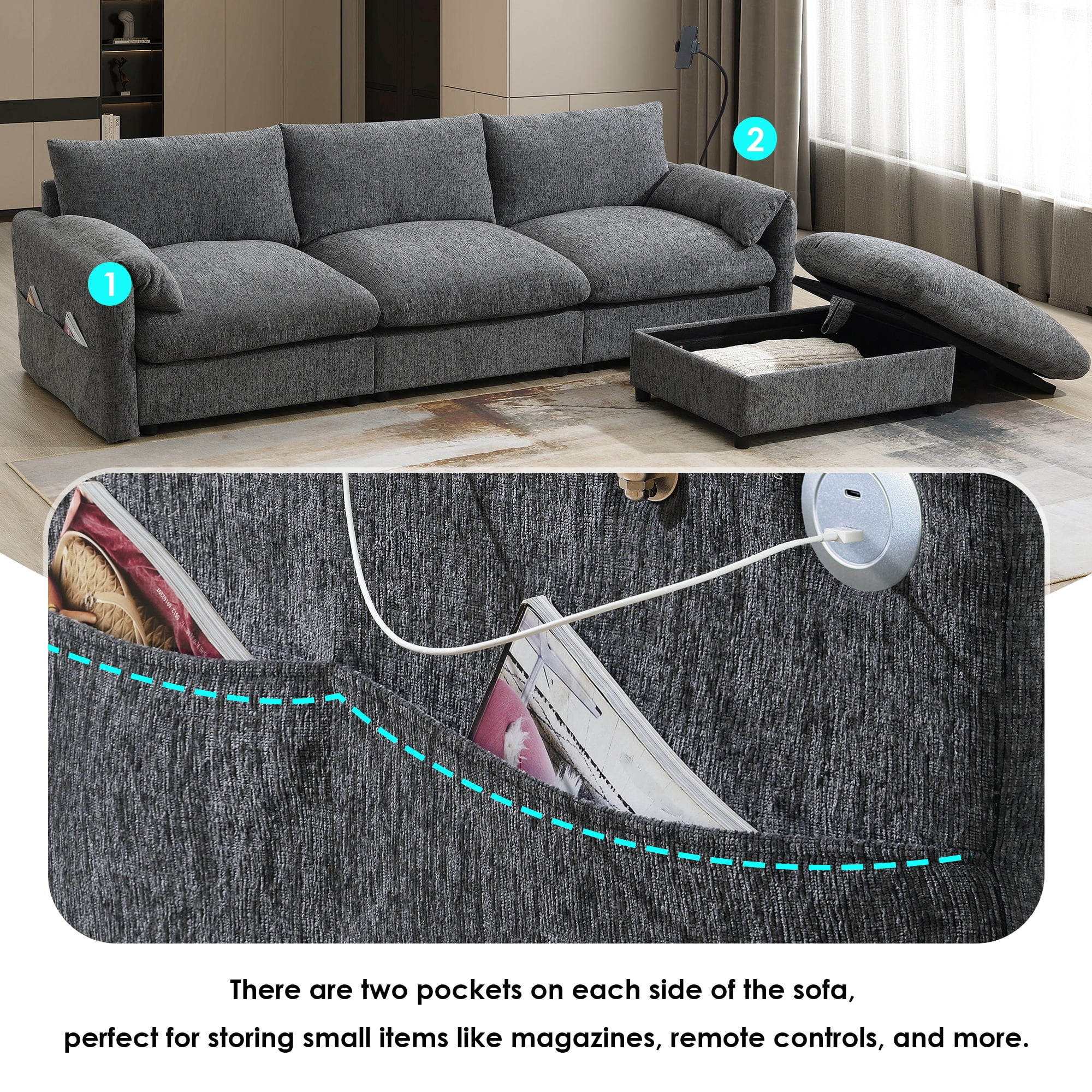 Euroco 96.5'' L-Shaped Sectional Sofa with Storage Ottoman and Pockets, Adjustable Phone Holder, USB Charger, Elephant Ear-Shaped Armrests, Comfy Seat for Living Room&Apartment