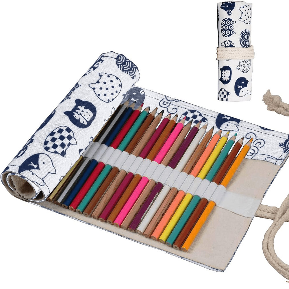 Canvas Stationery Handmade Roll Up Pencil Case for Artist Pencil Wrap  Coloring Pencil Holder Cat Pattern 
