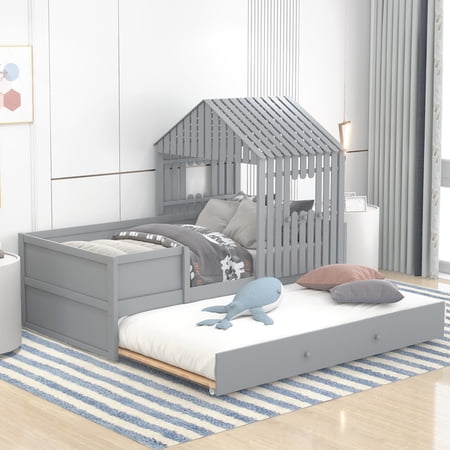 Twin Size House Low Loft Bed with Trundle  Solid Wood Bed Frame with Safety Guardrail  Sturdy Playhouse Bed for Kids Toddlers Girls Boys  Bedroom Furniture for 2 People  Easy to Assembly  Gray