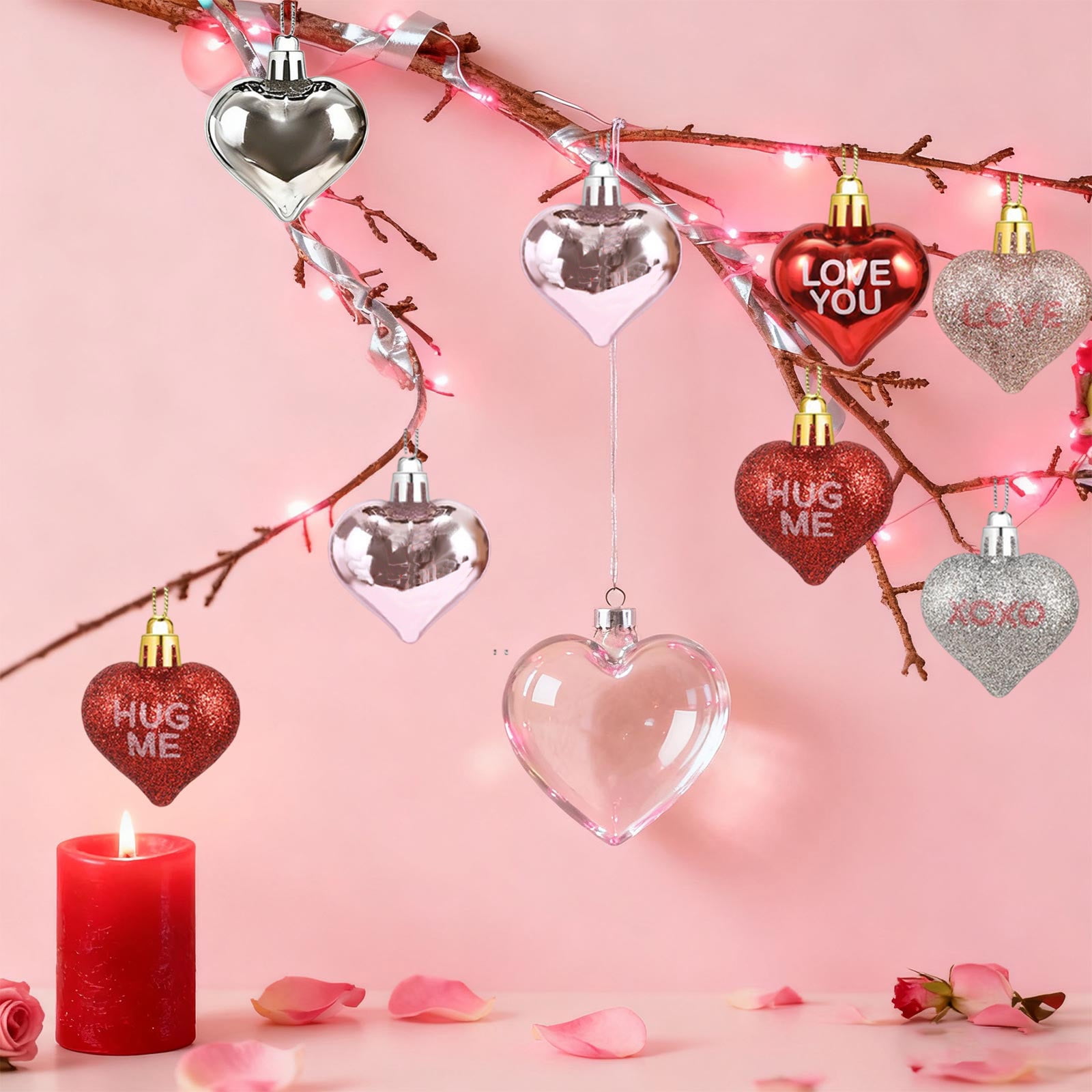 Valentine's Day Heart Ornaments, 24-Piece Set Glitter & Glossy Heart Shaped Decorations with Ribbon, Shatterproof Plastic for Tree Home Party, Multicolor