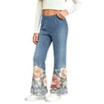thumbnail image 2 of Qingpeng Girls Flare Pants Elastic Waist Casual Fashion Floral Lace Print Stretchy Denim Look Long Pants for Kids, 2 of 9