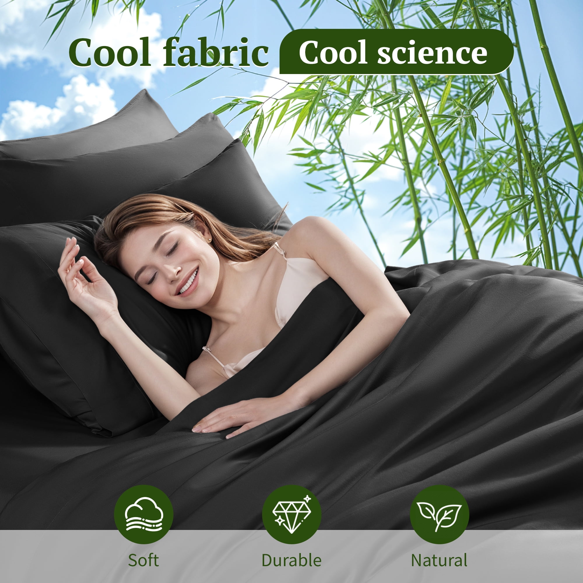 SONORO KATE 6 Pieces Bamboo Bed Sheets Set, Luxury Rayon Derived - Deep Pockets - Wrinkle Free - Extremely Soft, Queen, Black