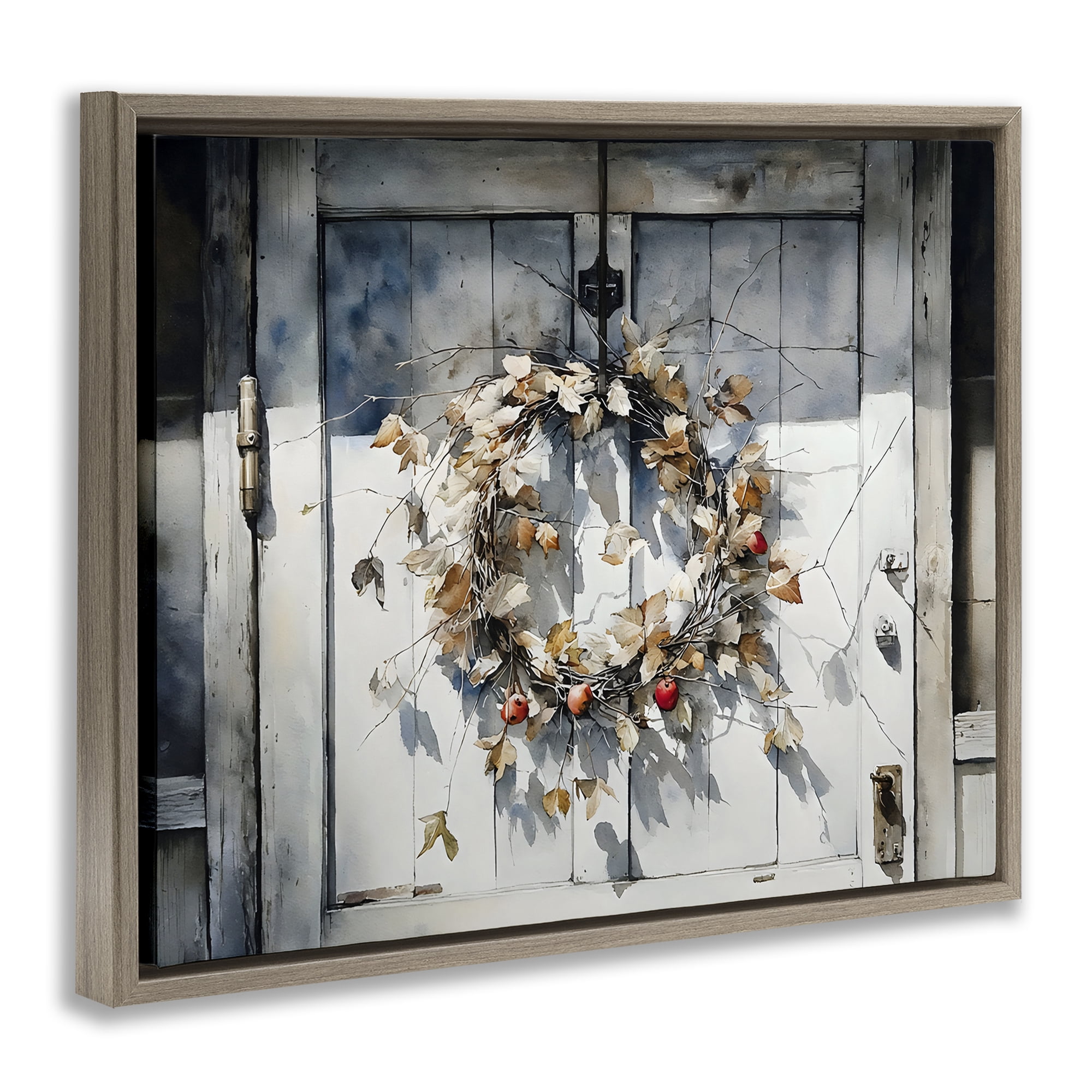 Stupell Industries Rustic Wreath on White Door Brown Framed Floater Canvas Wall Art, design by Franklyn Gregory