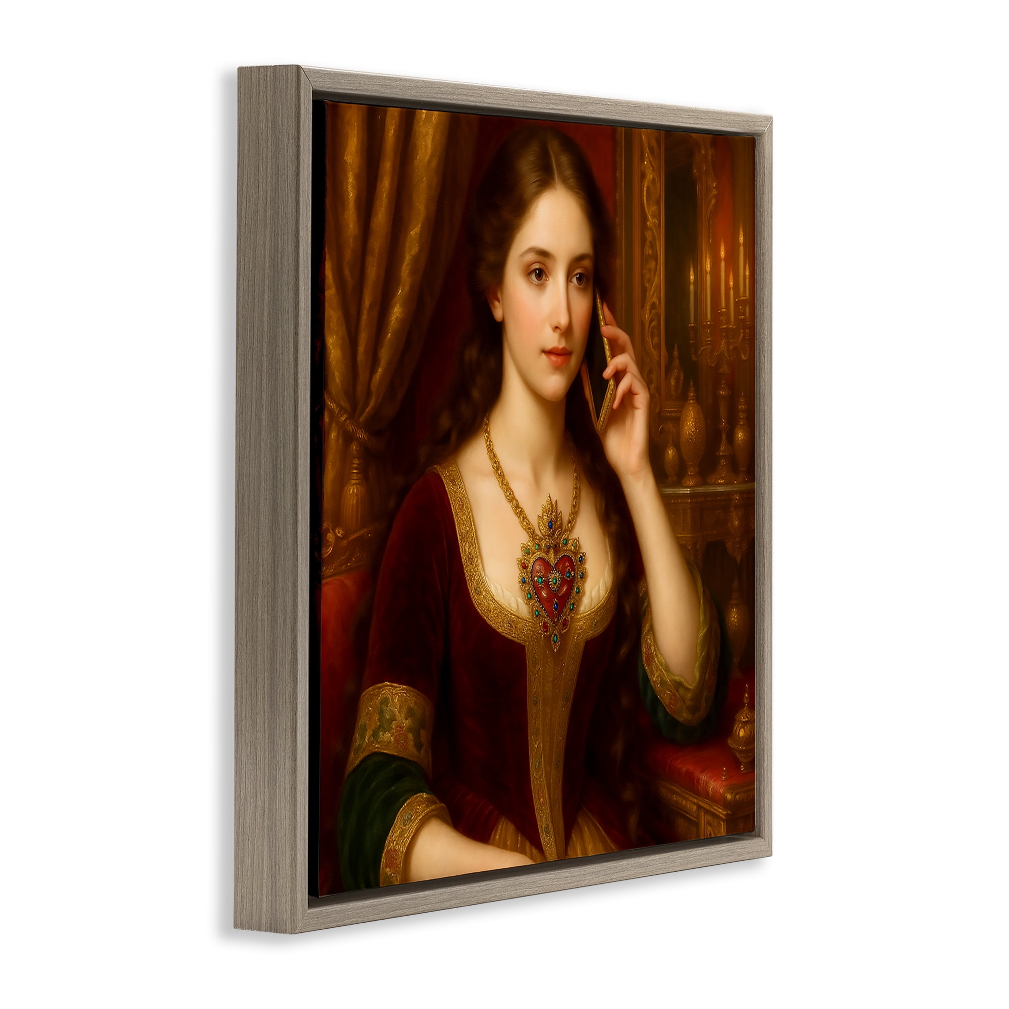 Stupell Industries Rococo Woman with Cell Phone Brown Framed Floater Canvas Wall Art, design by Grotto Studios