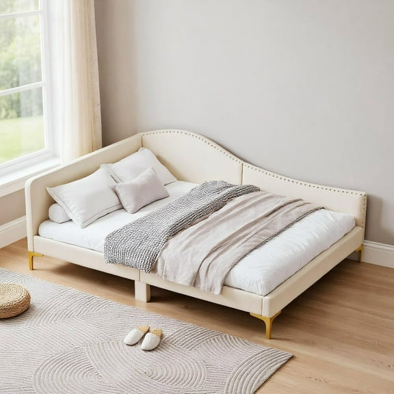 Resenkos Full/Twin Size Upholstered Daybed with Metal Legs and Wood Slats-Full Size