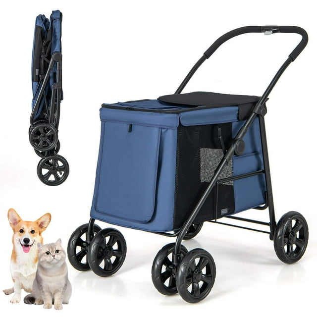 Petsite Poussette Pliante 4 Roues avec Maille Respirante pour Petits et Moyens Animaux Bleu