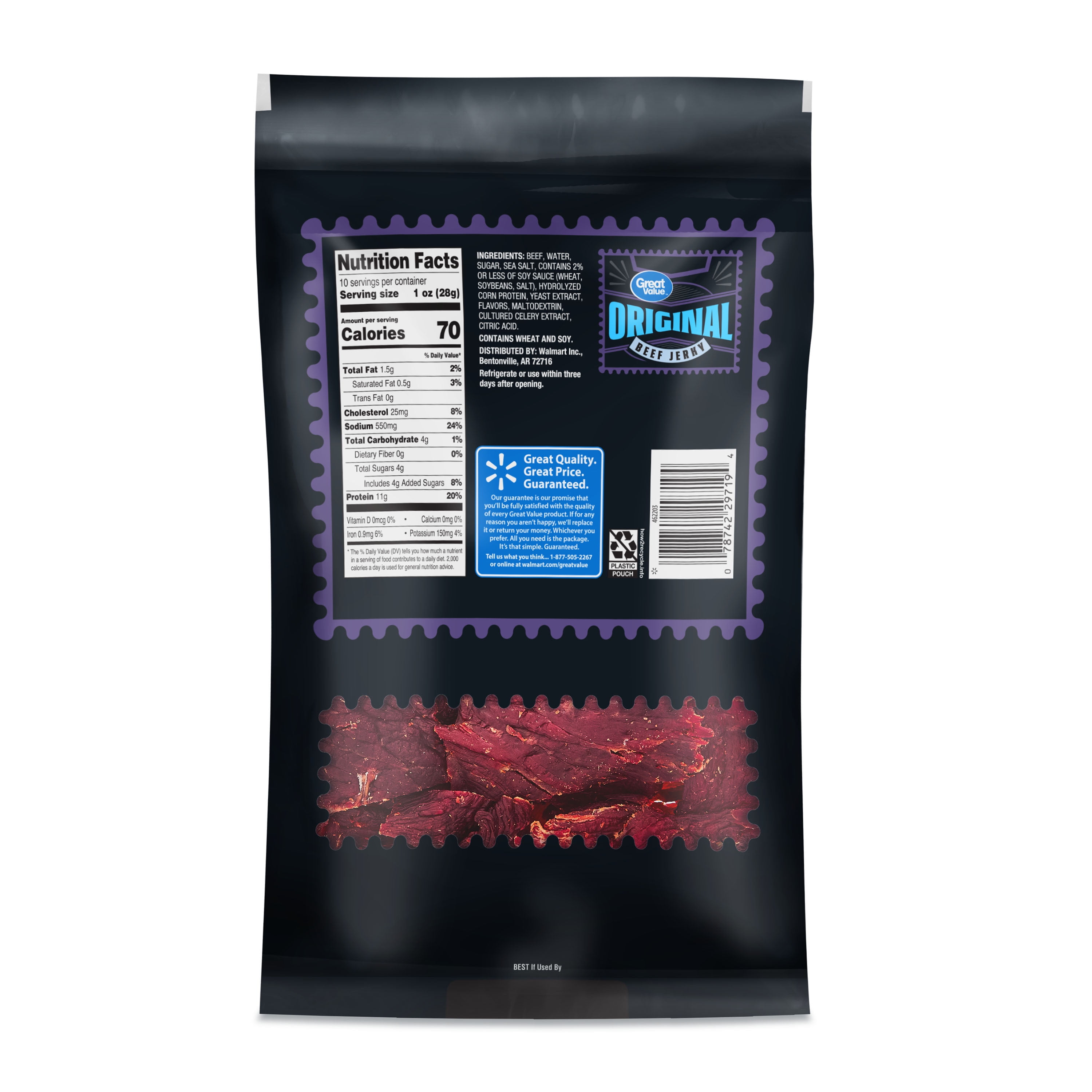 (2 pack) Great Value Original Beef Jerky, Value Pack, 10 oz