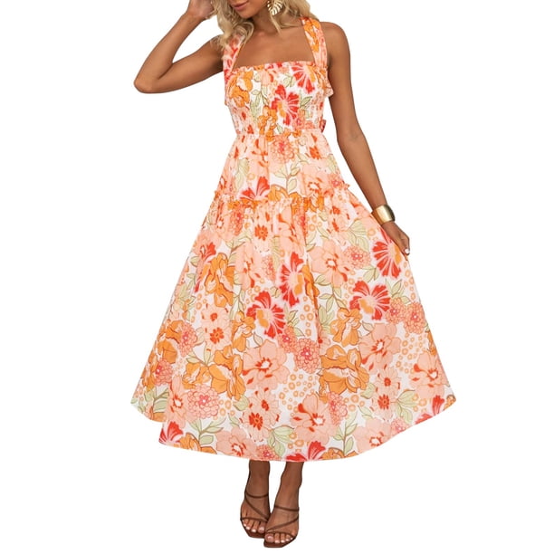 VISgogo - Vestido sin mangas para mujer, color sólido/estampado, busto fruncido, escote cuadrado, espalda abierta VISgogo moda