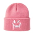 thumbnail image 2 of Fabrcox Halloween Cuffed Knit Beanie Hat for Adults and Teens, Unisex Soft Warm Beanie with Embroidered Spooky Face Pattern, Holiday Party Costume Accessories Pink, 2 of 8