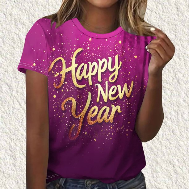 Fiudx Ofertas de La Semana Camiseta de Manga Corta con Cuello Redondo y Estampado de Año Nuevo Informal a La Moda para Mujer