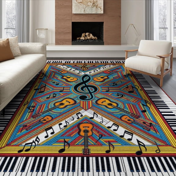 ODIKA 8'x10' Washable Area Rug Music Cd Circle Musical Instrument Piano Guitar Note Disc Shape for Dining Room, Large Office, Lounge, Non-Slip Chair-Friendly Mat