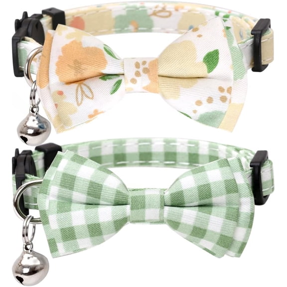 2 Pack Set Cat Collar Breakaway with Cute Bow Tie and Bell Plaid Flower for Kitty Adjustable Safety